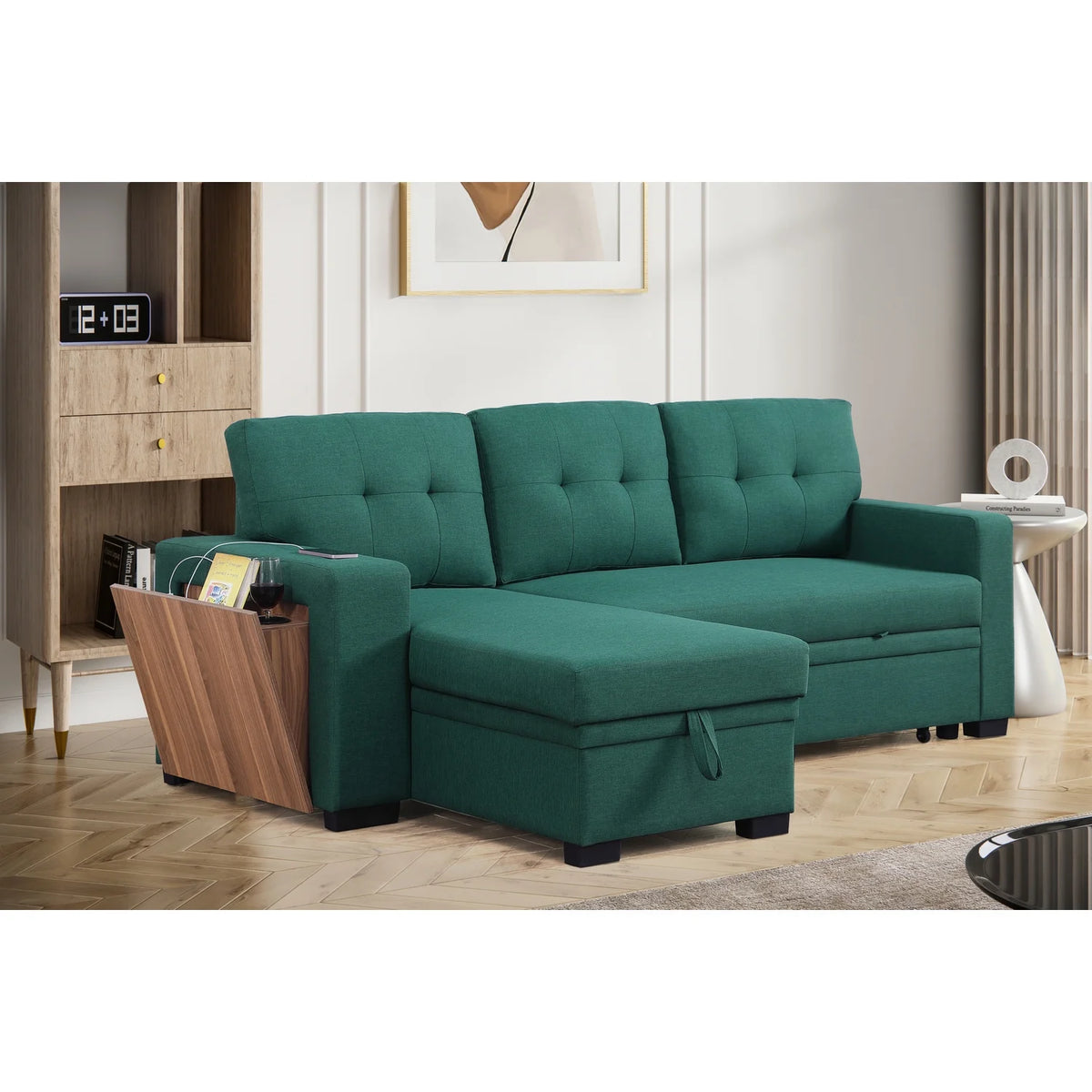 Green Reversible Sleeper Sectional Sofa Bed F8589
