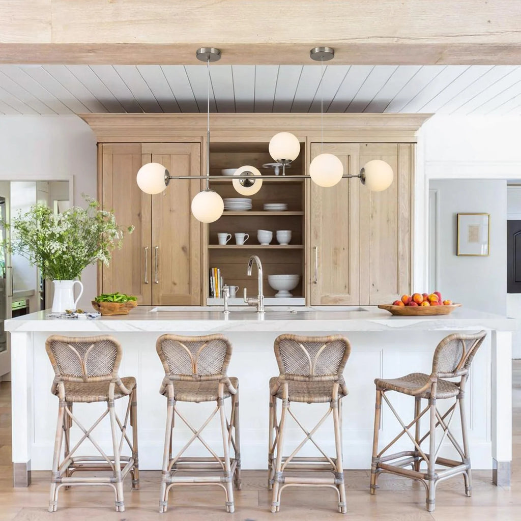 Modern Ceiling Pendant Lighting, Mid-Century Glass Globes Pendant Lamp, LED 6-Light Hanging Adjustable Chandelier for Kitchen Island Living Dining Room (Silver+Clear) D6730