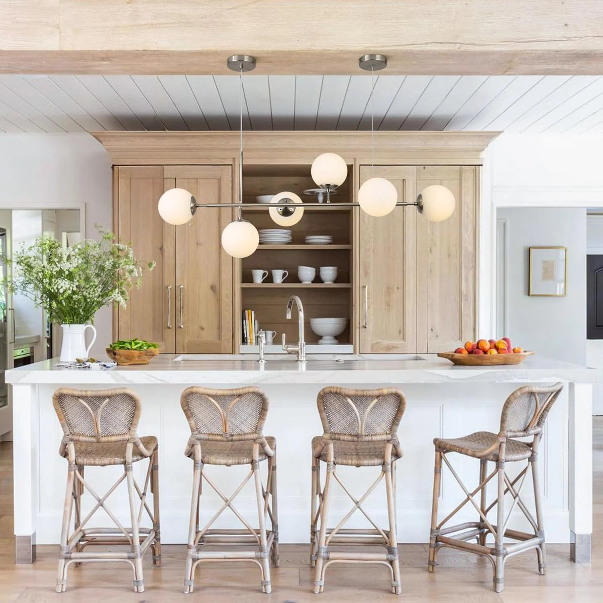 Modern Ceiling Pendant Lighting, Mid-Century Glass Globes Pendant Lamp, LED 6-Light Hanging Adjustable Chandelier for Kitchen Island Living Dining Room (Silver+Clear) D6730