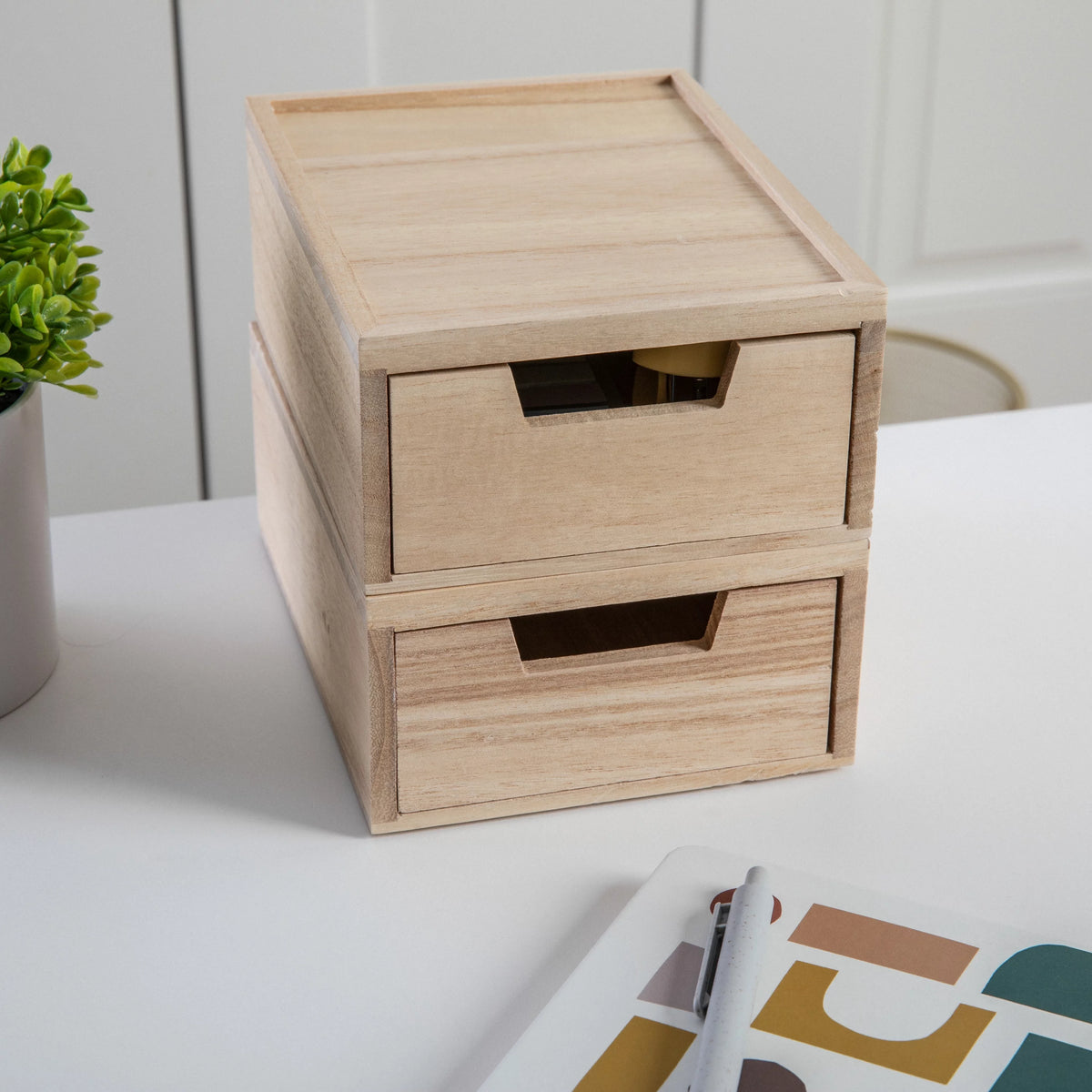 2 Pack Stackable Light Natural Paulownia Wood Boxes with Drawers A415177