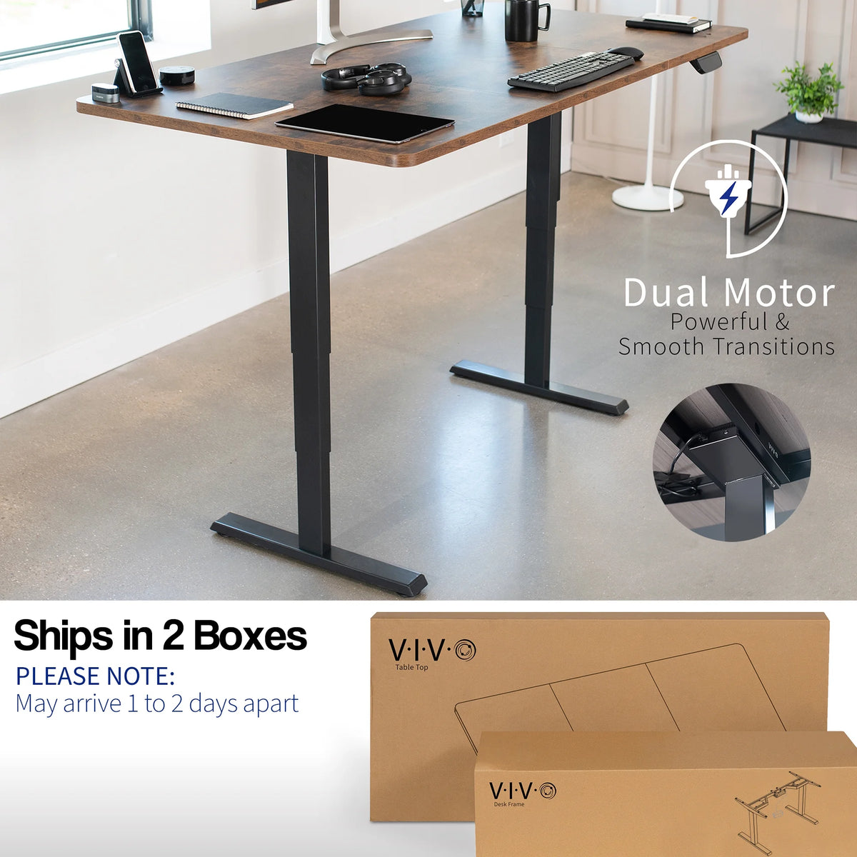 Electric 71”x36” Stand Up Desk, Rustic Vintage Brown Table Top, Black Frame E4320