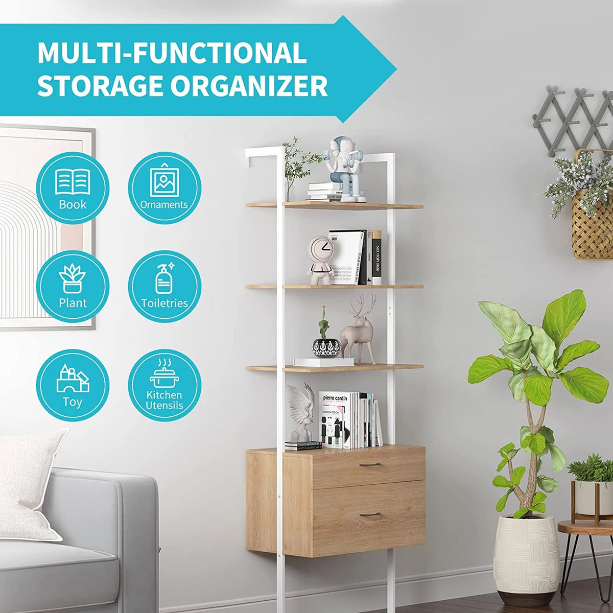 Wood Bookshelf with Drawers and Steel Frame Q8840