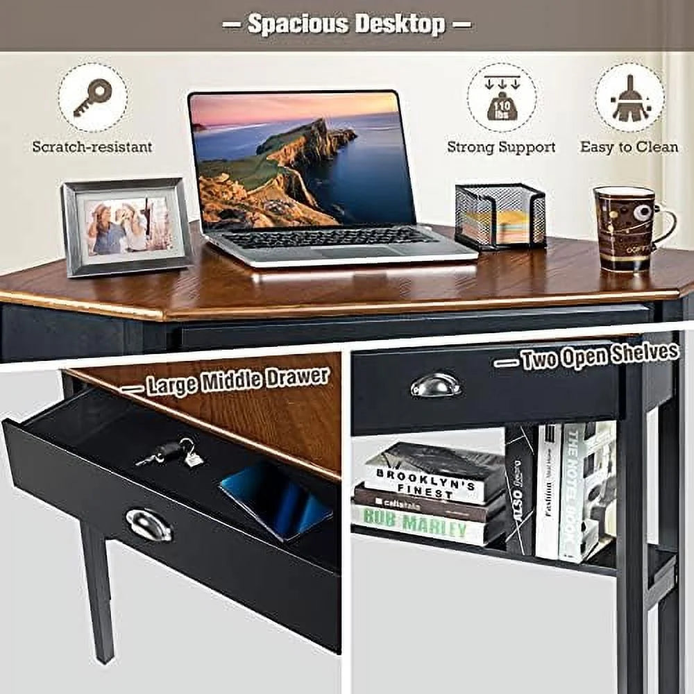 White Corner Desk with Drawer and Shelves Q48461