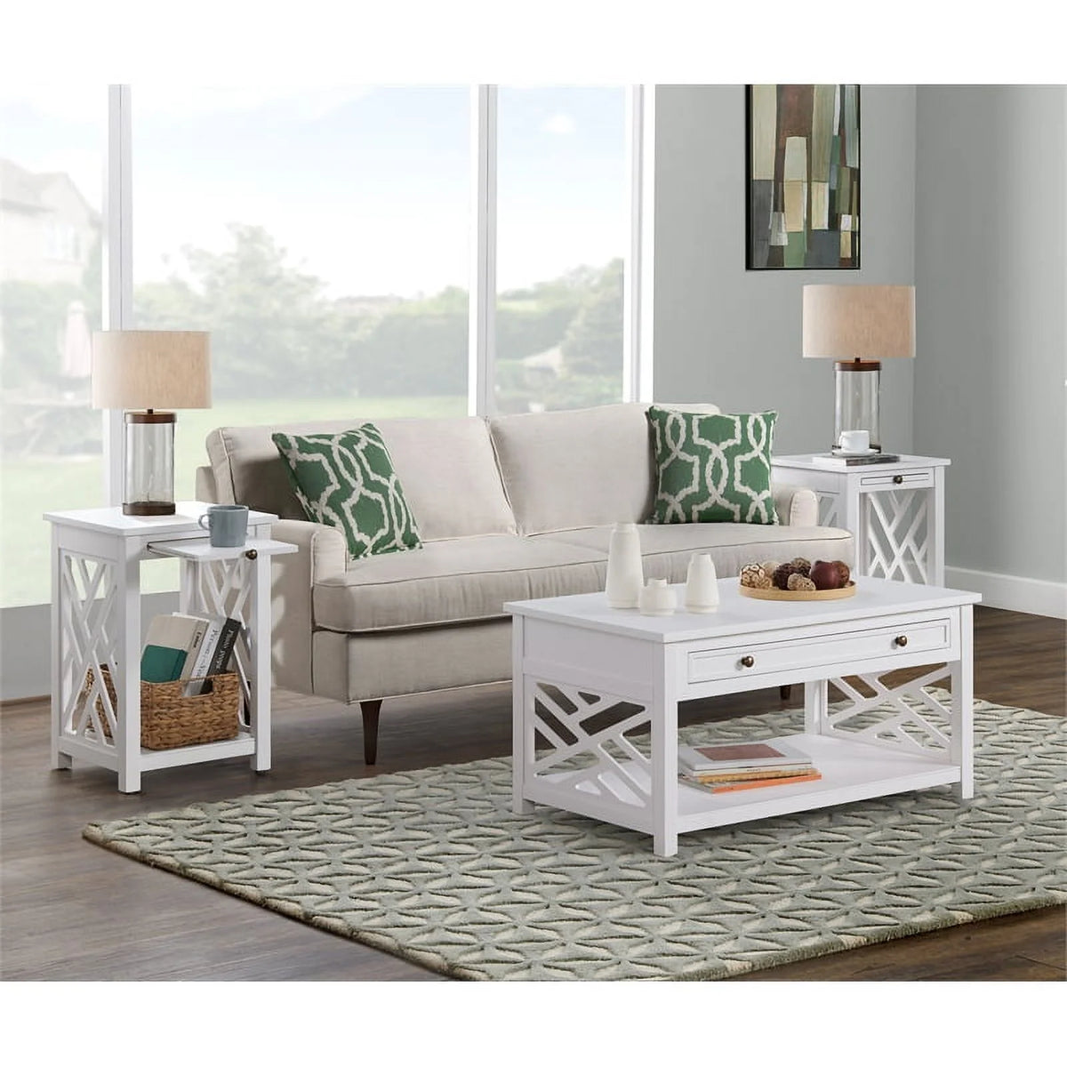 White Wood Coffee Table and Two End Tables D948443