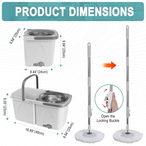 Spin Mop and Bucket with Wringer Set, 4 Reusable Microfiber Mop Pads M22338
