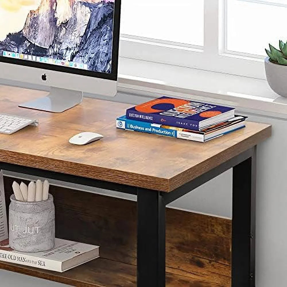 Computer Desk with Shelves 47 Inches Natural Wood Black Metal Frame Q628135