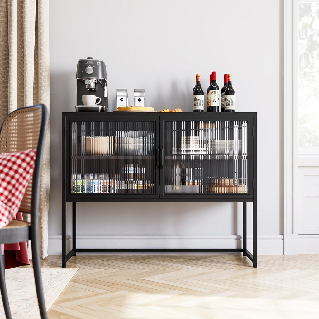 Black Fluted Glass Sideboard Storage Cabinet W198