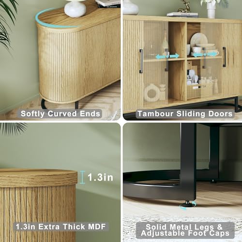 Walnut Fluted Tambour Sideboard Buffet Cabinet with Adjustable Shelves M4405