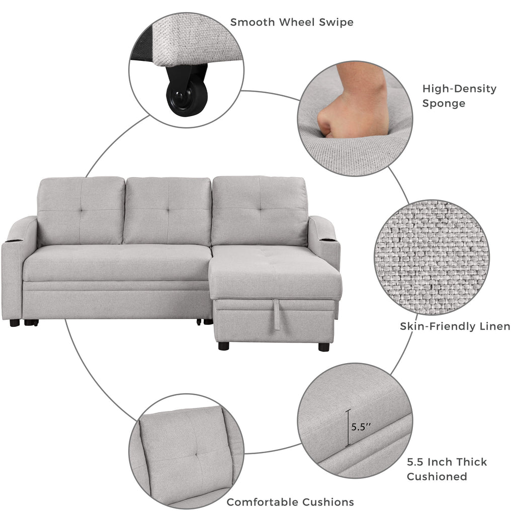 Gray Velvet L-Shape Sectional Sofa with Pull-Out Sleeper J887