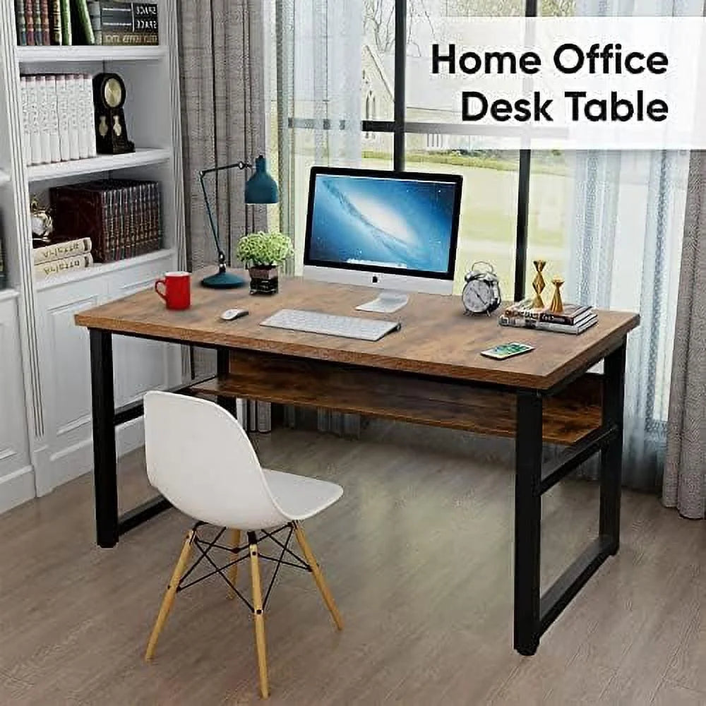 Computer Desk with Shelves 47 Inches Natural Wood Black Metal Frame Q628135