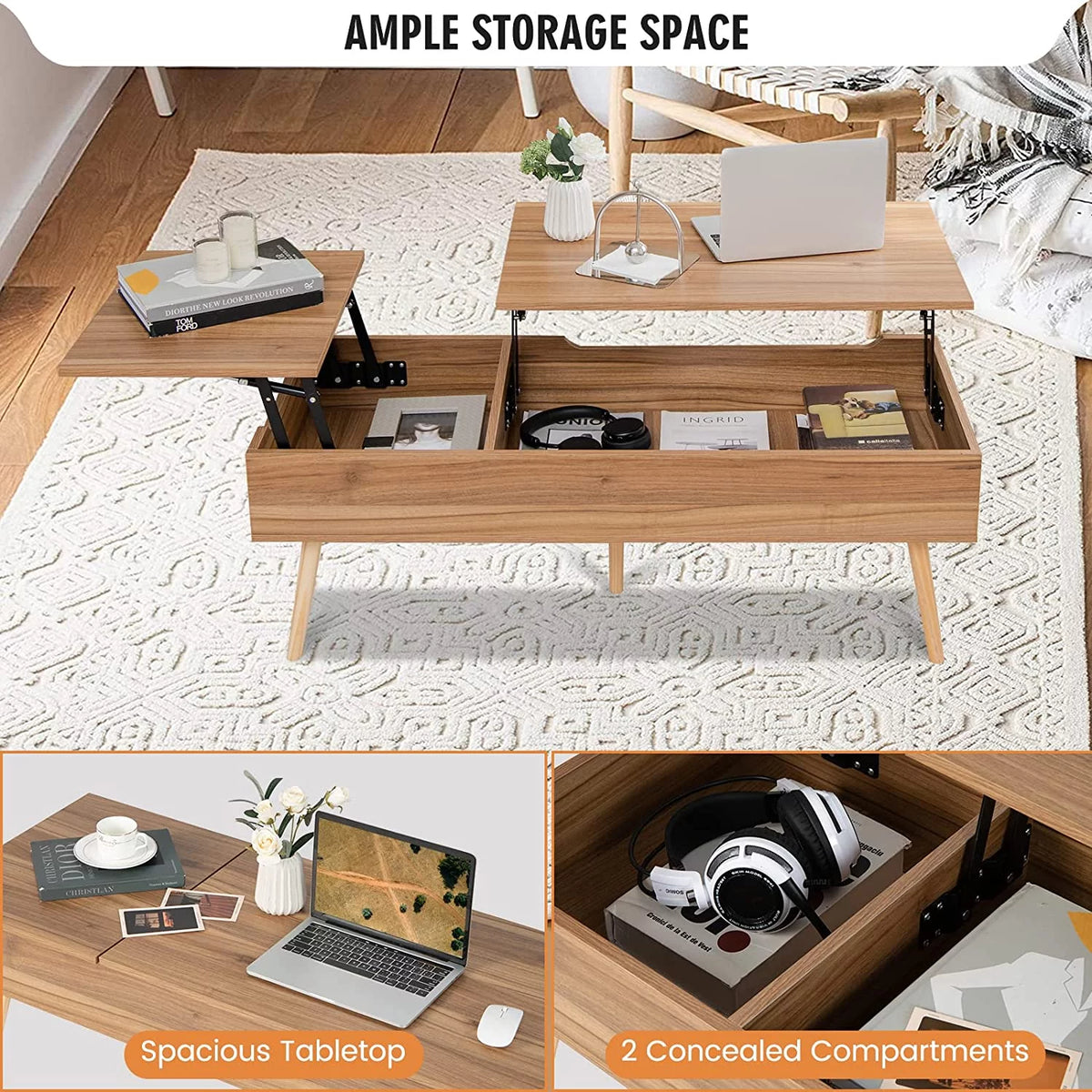 47 Inch Lift Top Coffee Table with Storage, Split Top, 2 Hidden Compartments & 5 Solid Wood Legs, Brown F56282