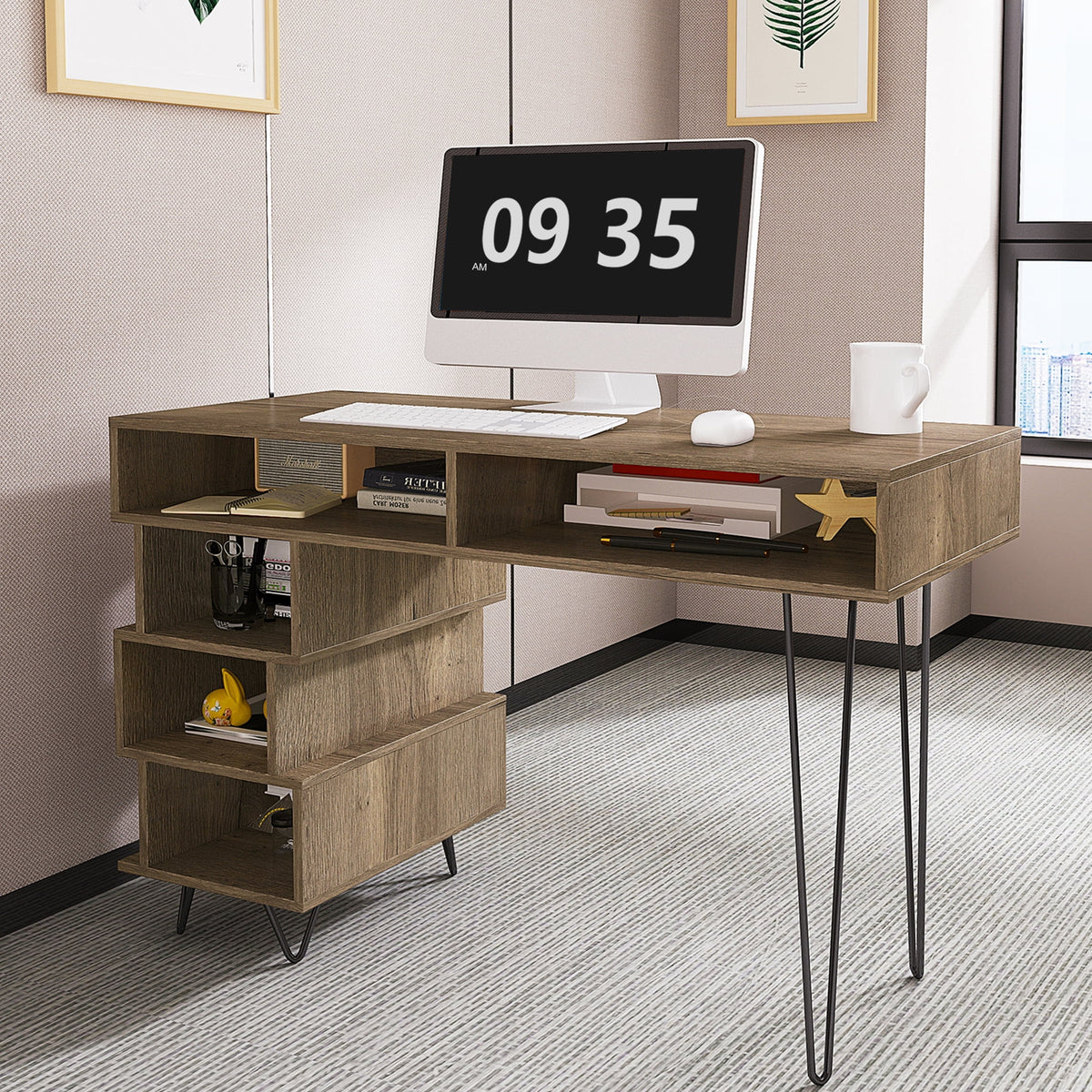 Brown Writing Study Desk with Lattice and V-Shaped Iron Leg W403725