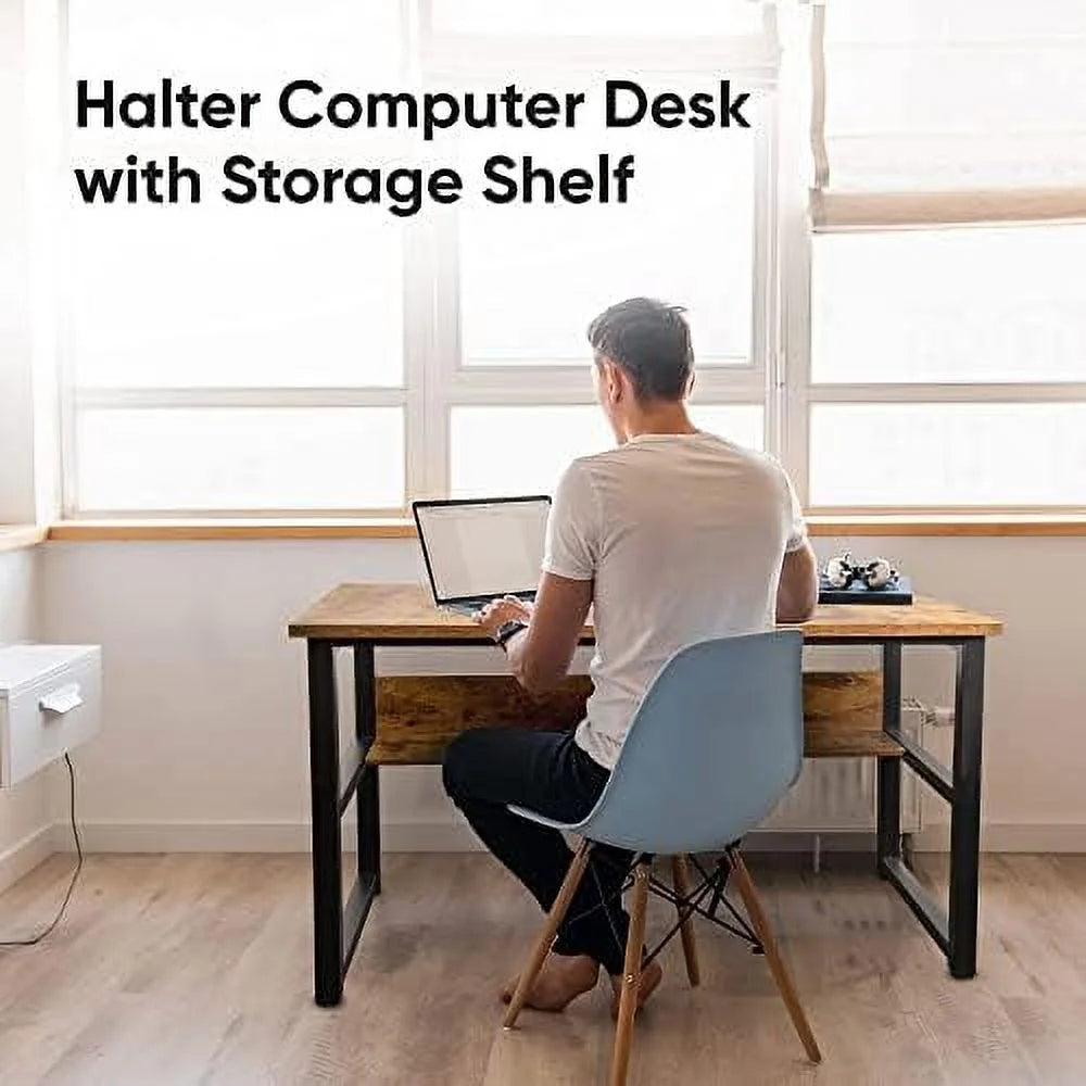 Computer Desk with Shelves 47 Inches Natural Wood Black Metal Frame Q628135
