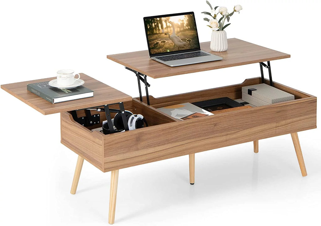 47 Inch Lift Top Coffee Table with Storage, Split Top, 2 Hidden Compartments & 5 Solid Wood Legs, Brown F56282