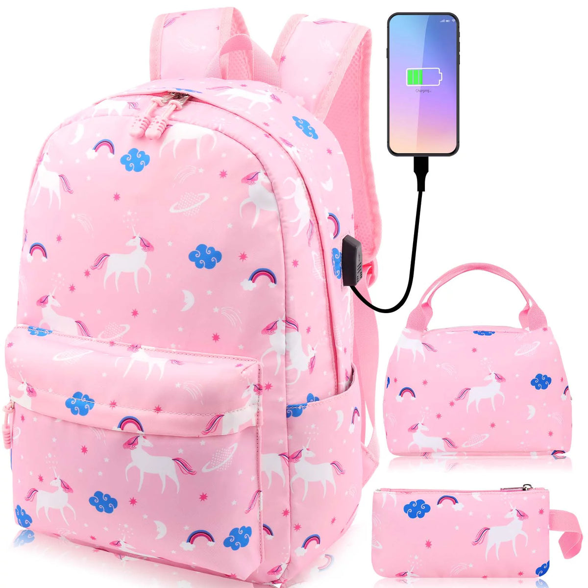 Pink Canvas School Backpack with USB Charging Port K687