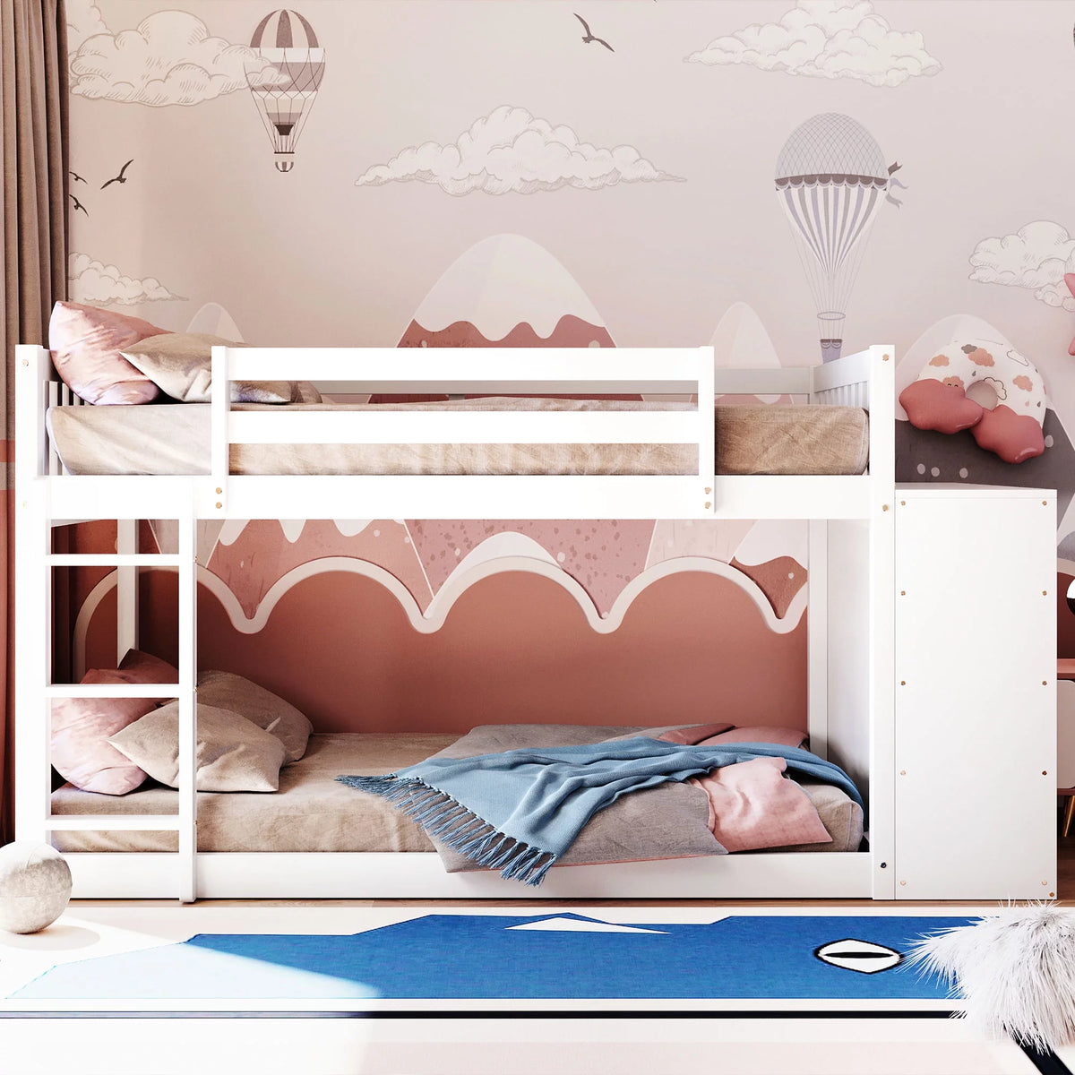 White Wood Twin Over Twin Bunk Bed with Storage U835