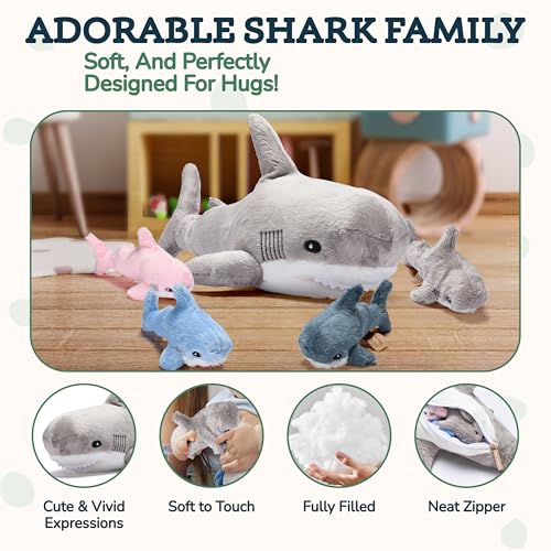 Large Multicolor Shark Stuffed Animal Plushie with 6 Mini Stuffed Toys K4399