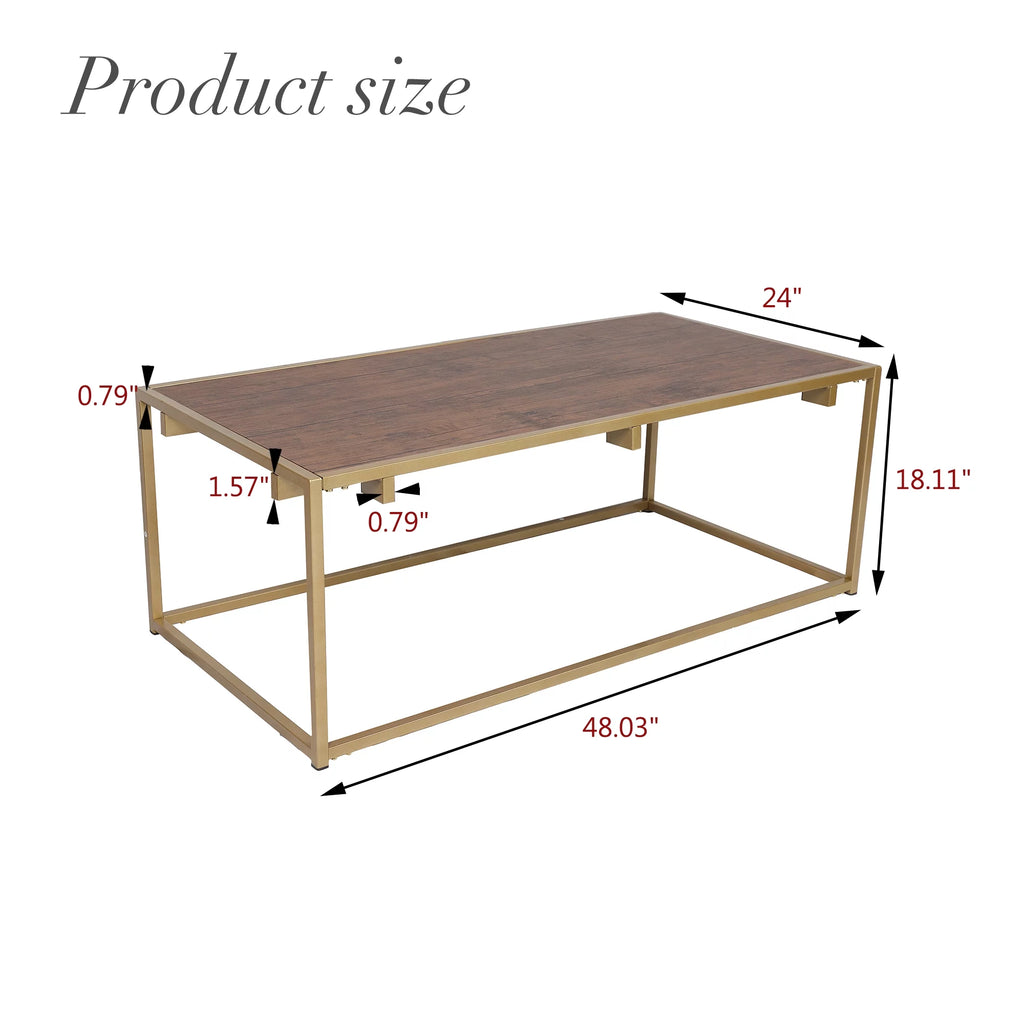 Industrial Wood Grain Top Coffee Table with Gold Metal Frame U7336