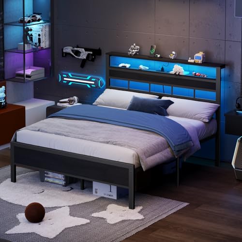 Full Size Black Oak Bed Frame with Storage Headboard and Charging Station P916