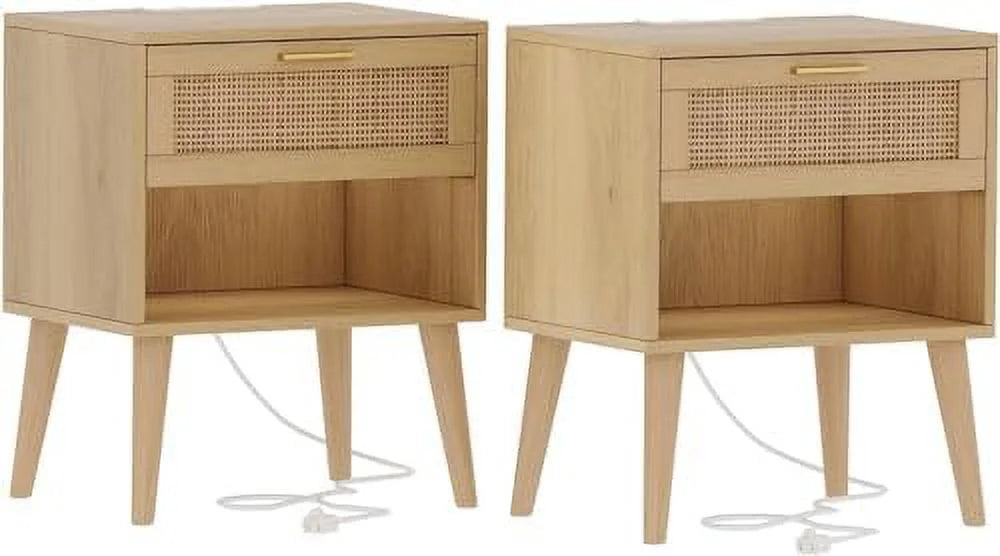 Rattan Nightstand with Charging Station 5 Drawers N4382