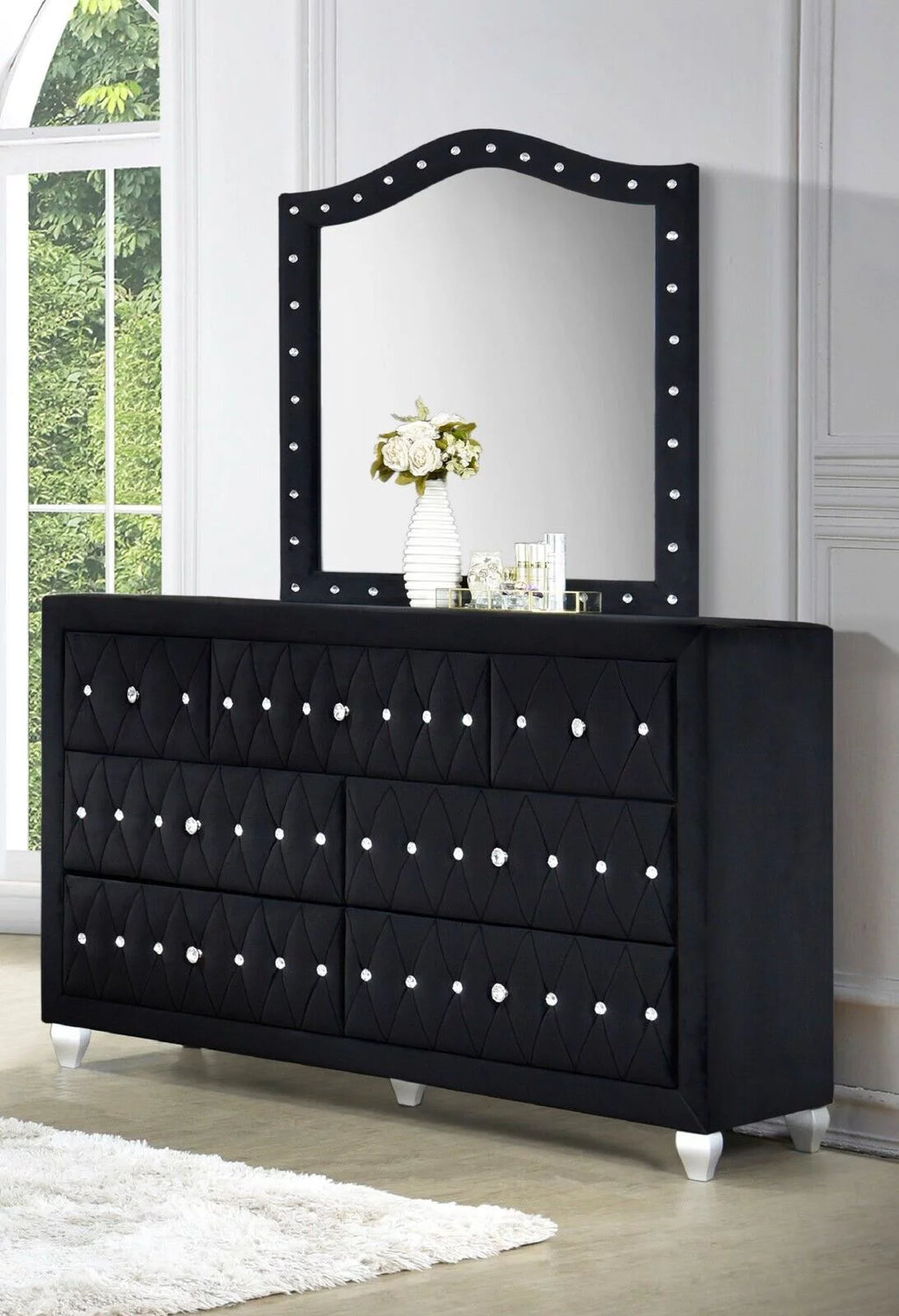 Black Velvet 4Pc Queen Size Bed Dresser Mirror Nightstand Set H8622