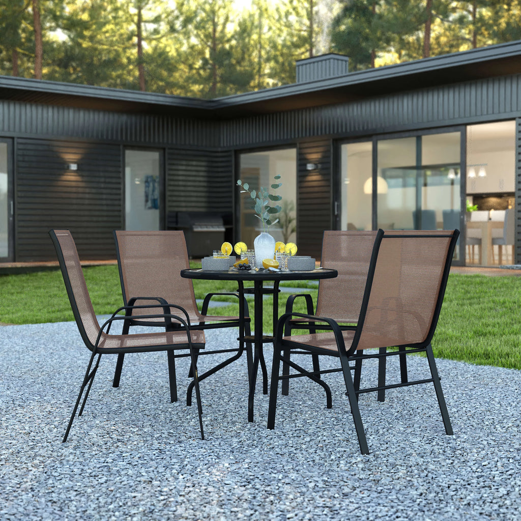 5 Piece Outdoor Patio Dining Set with 4 Brown Stack Chairs F1422