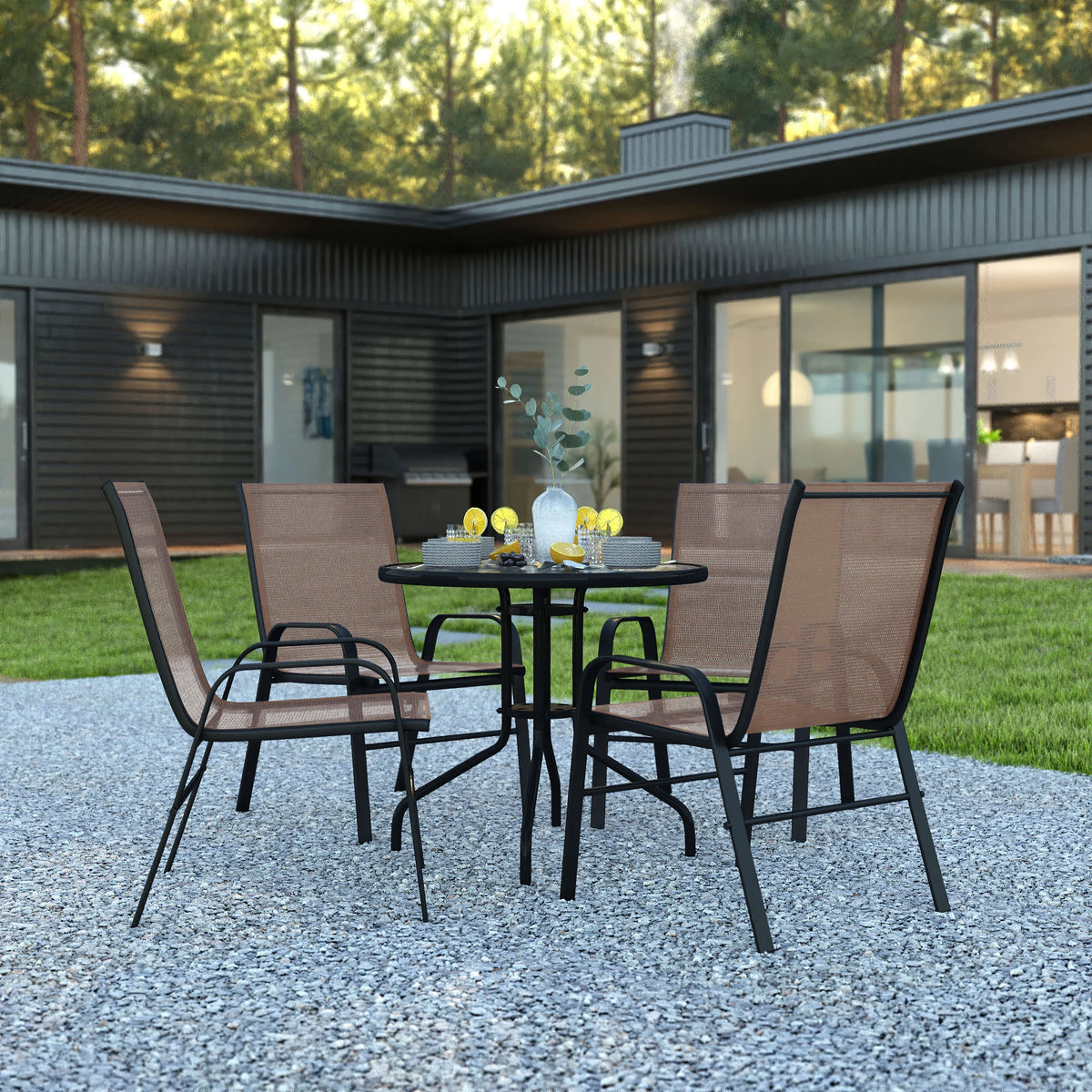 5 Piece Outdoor Patio Dining Set with 4 Brown Stack Chairs F1422