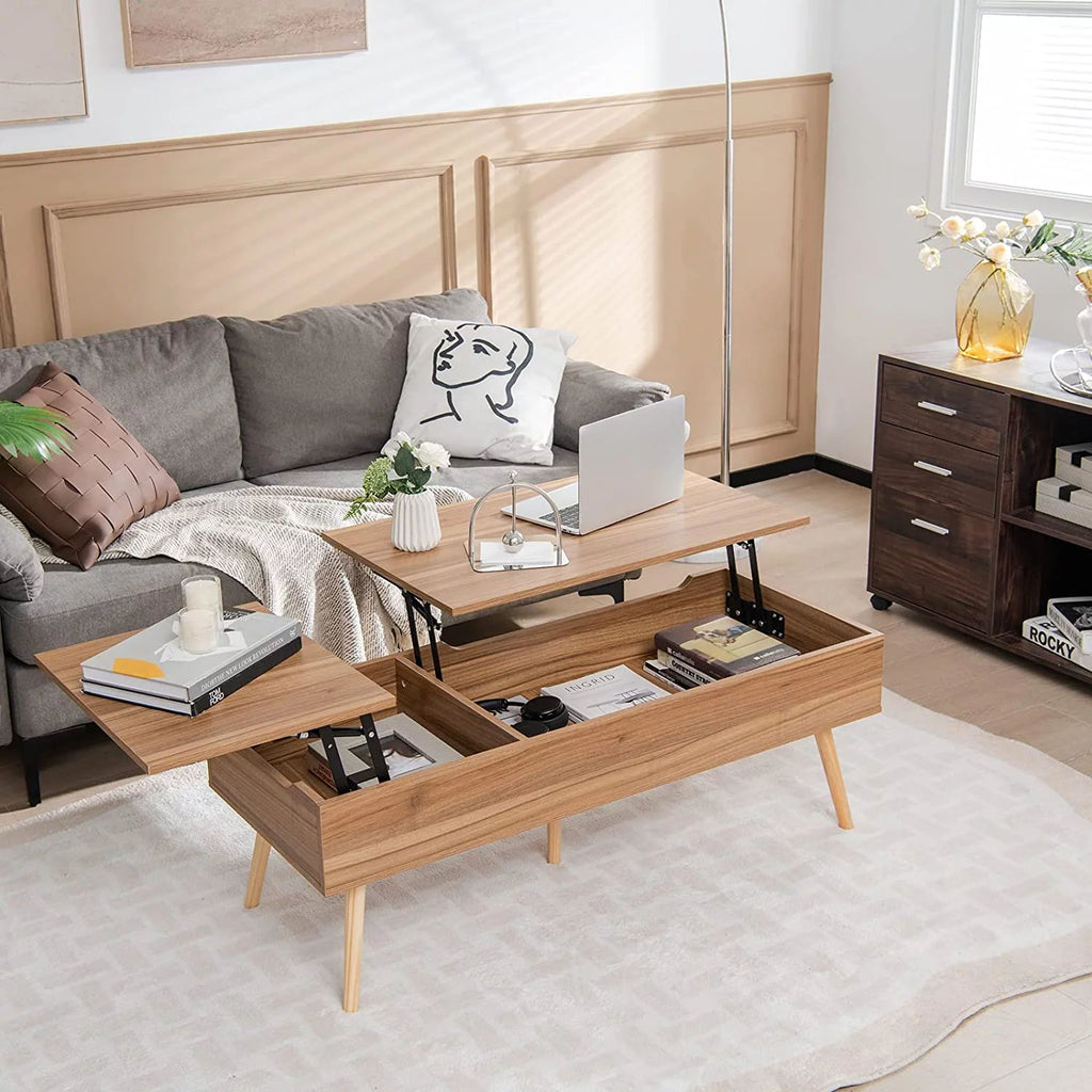 47 Inch Lift Top Coffee Table with Storage, Split Top, 2 Hidden Compartments & 5 Solid Wood Legs, Brown F56282