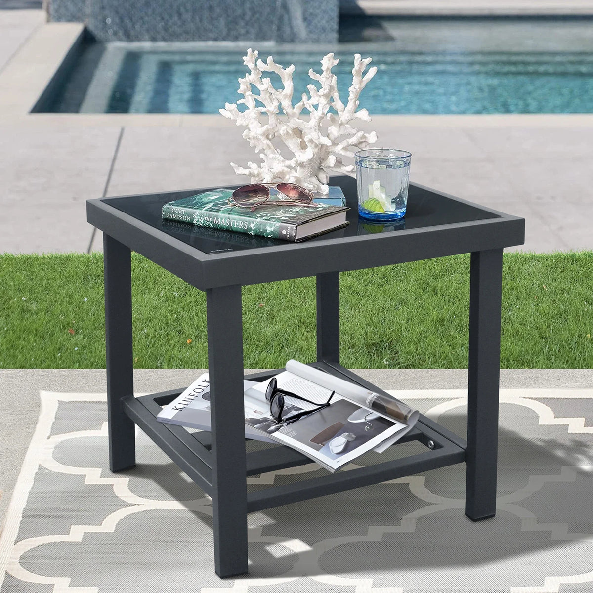 Aluminum Glass Square Side Table with Storage Shelf Y181
