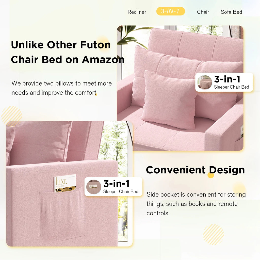 40 Inch 3-in-1 Convertible Sleeper Chair Bed Pink Linen Fabric L6845