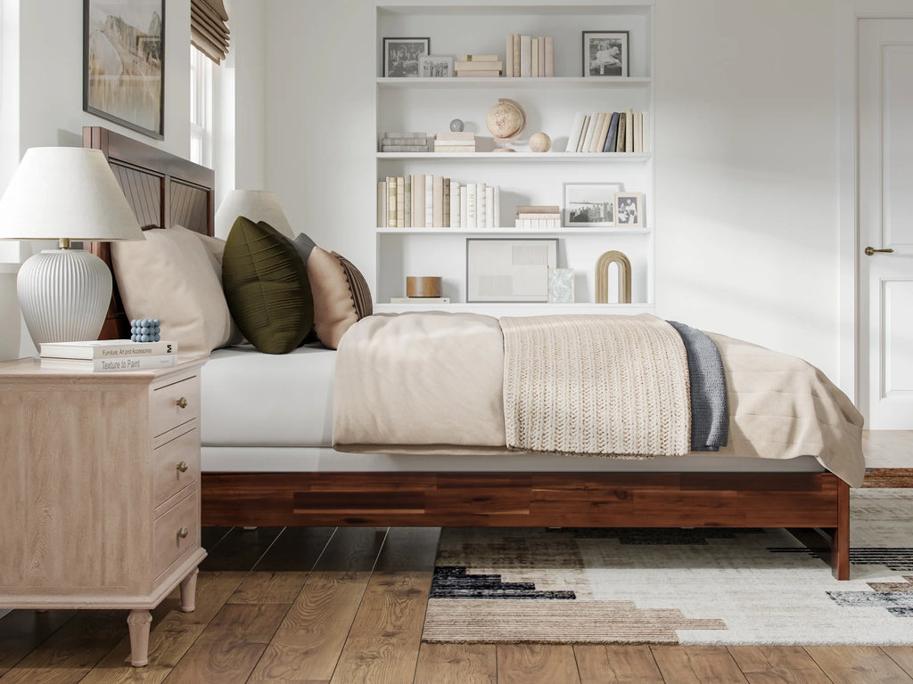 Queen Solid Wood Low Profile Platform Bed with Footboard, Walnut Y61264
