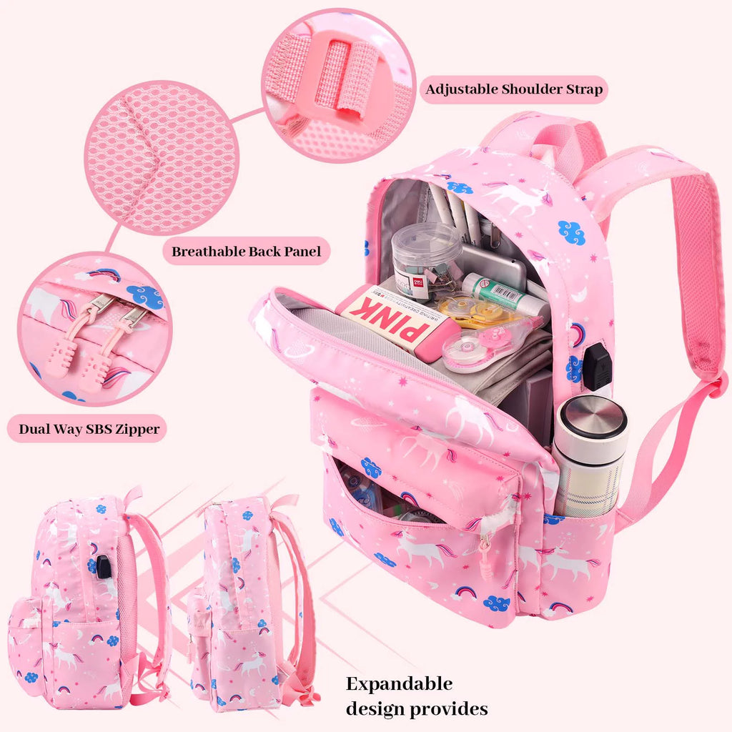 Pink Canvas School Backpack with USB Charging Port K687