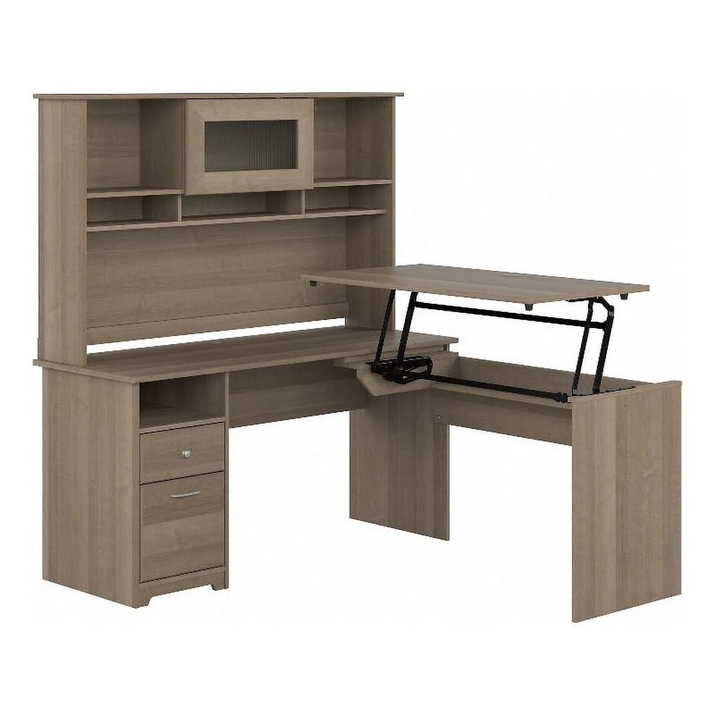 Ash Gray Engineered Wood Sit to Stand L Desk with Hutch T6784