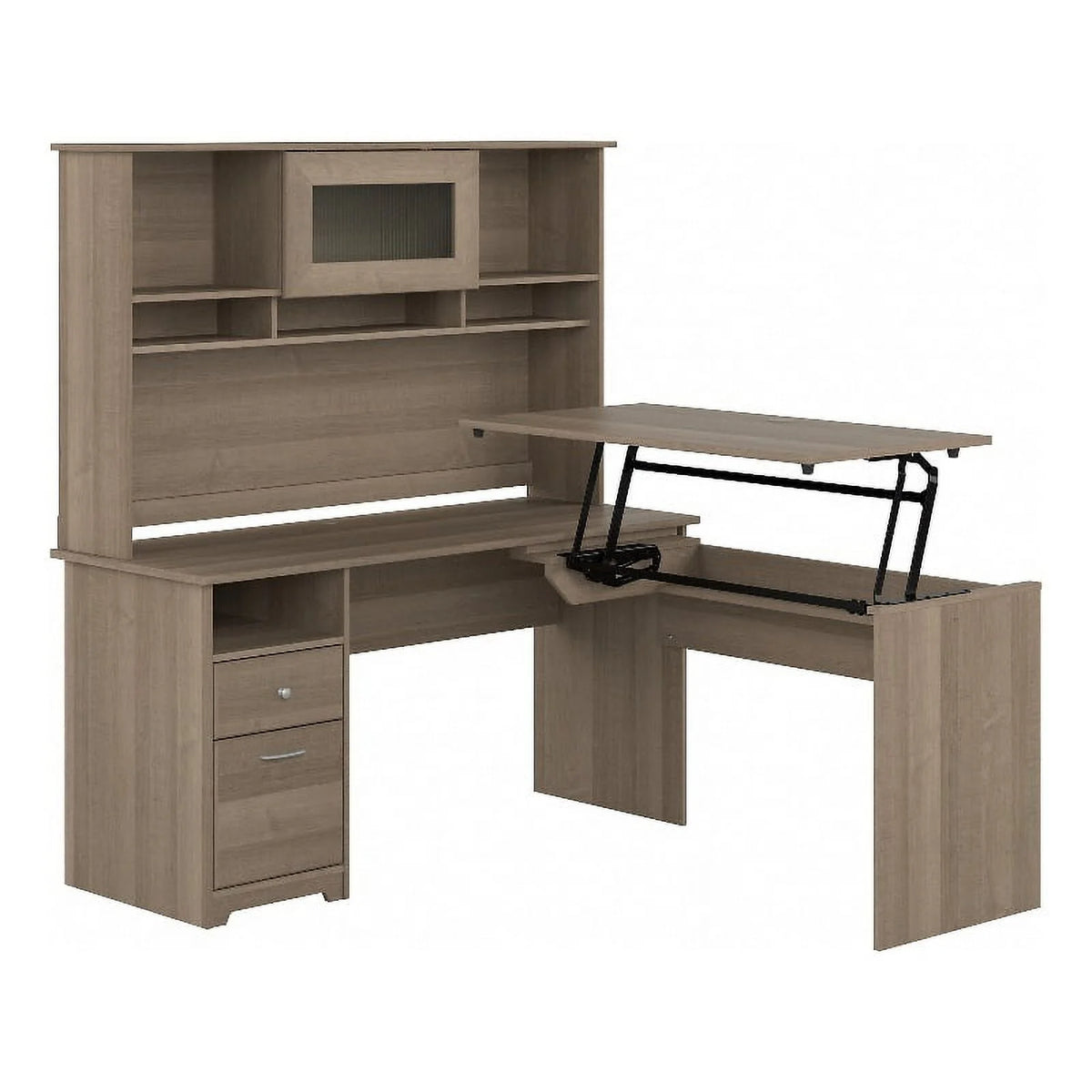 Ash Gray Engineered Wood Sit to Stand L Desk with Hutch T6784