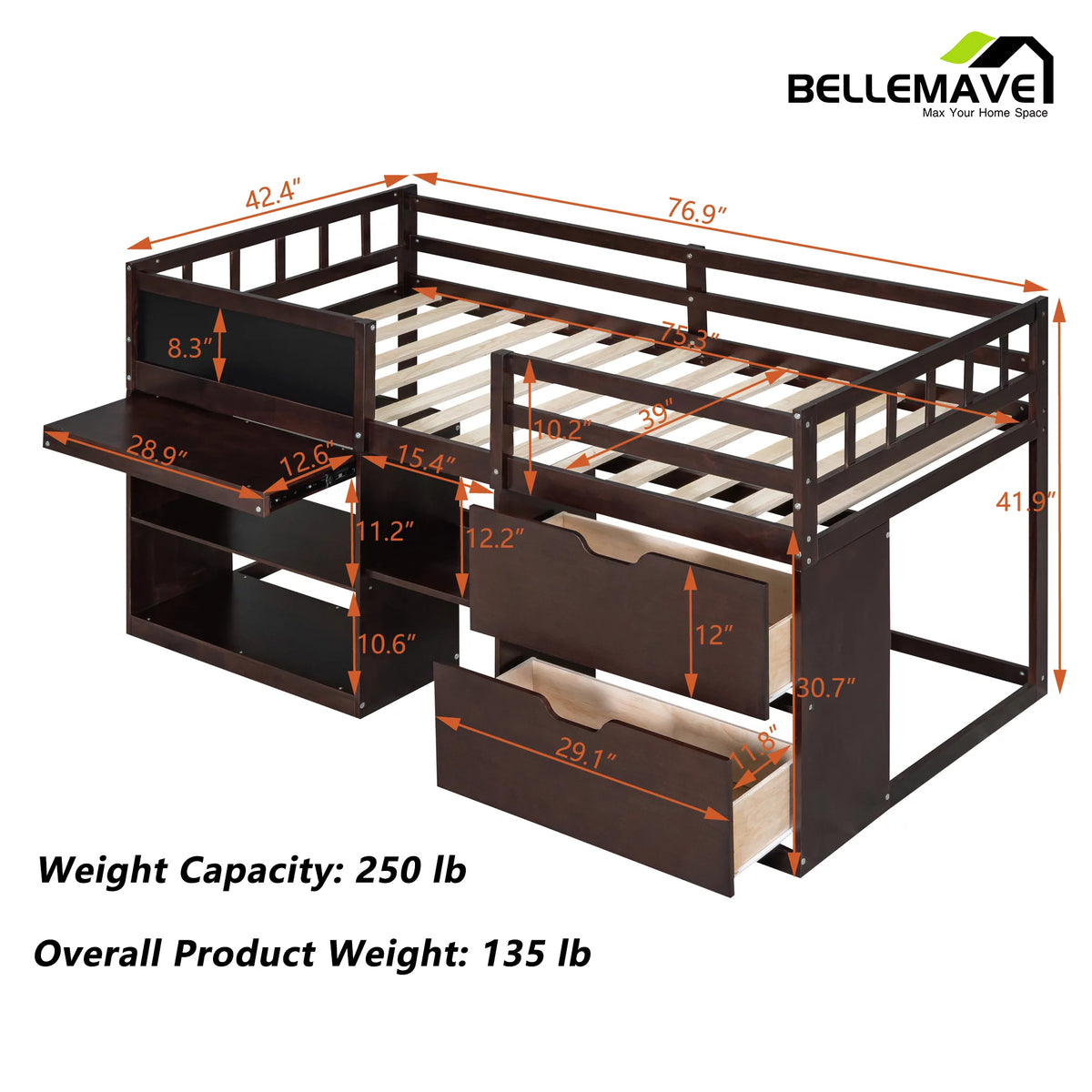 Twin Size Loft Bed with Rolling Desk, Storage Shelves and Chalkboard X658862