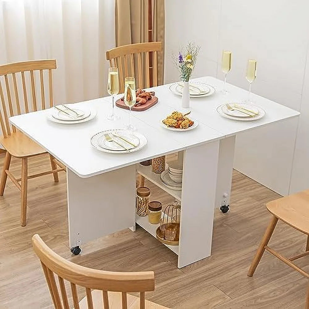 Folding Drop Leaf Dining Table with Racks White Marble T267