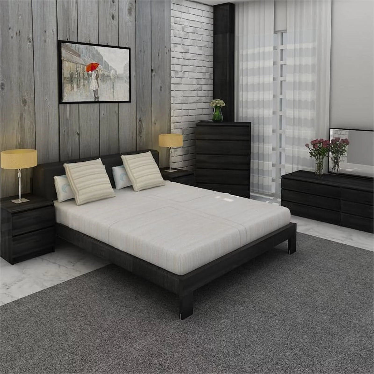 Black 6 Drawer Dresser 5 Drawer Chest and Two Nightstands 4 Piece Set O955676
