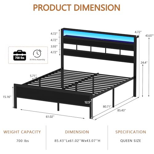 Full Size Black Oak Bed Frame with Storage Headboard and Charging Station P916