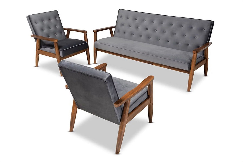 Grey Velvet 3-Piece Wooden Living Room Set O69814