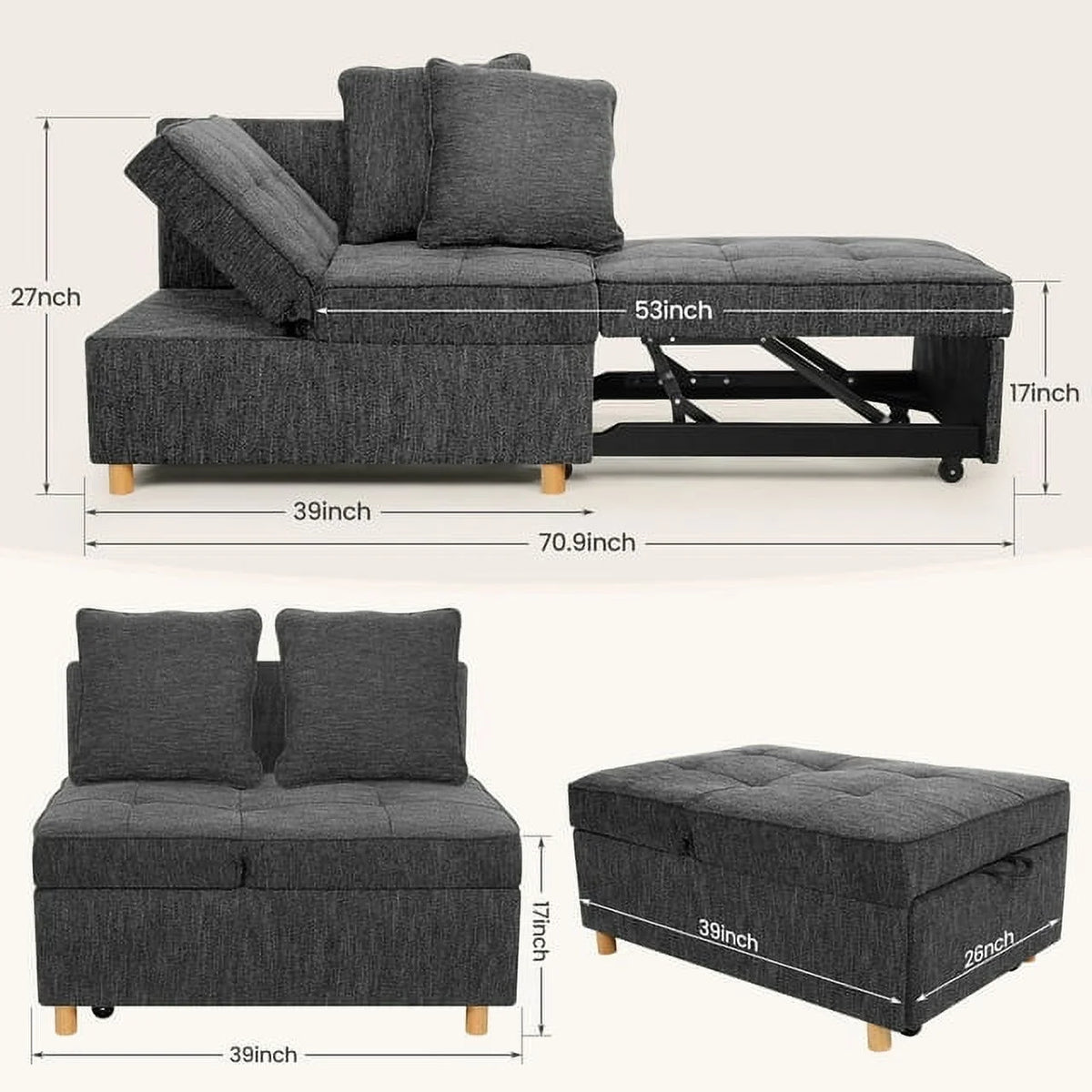 Black Convertible Sofa Bed Chair with 2 Pillows A35609