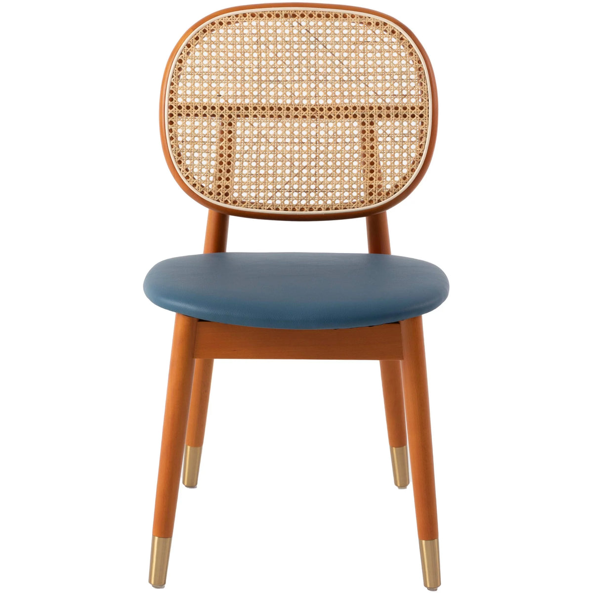 Navy Blue Wicker Dining Chair with Leather Seat and Wood Legs Set of 4 E1966