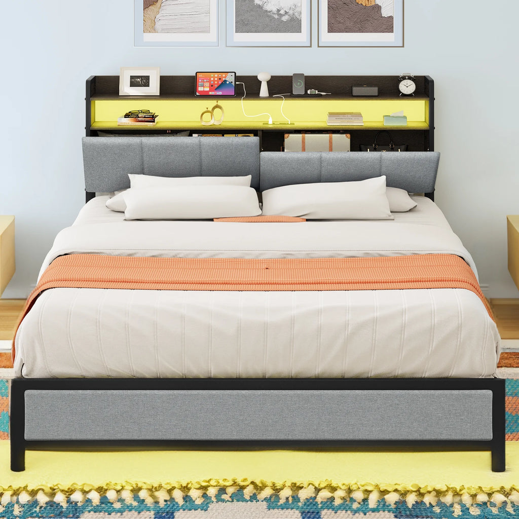 Gray LED Light Bed Frame with Storage and Upholstered Headboard Y6299