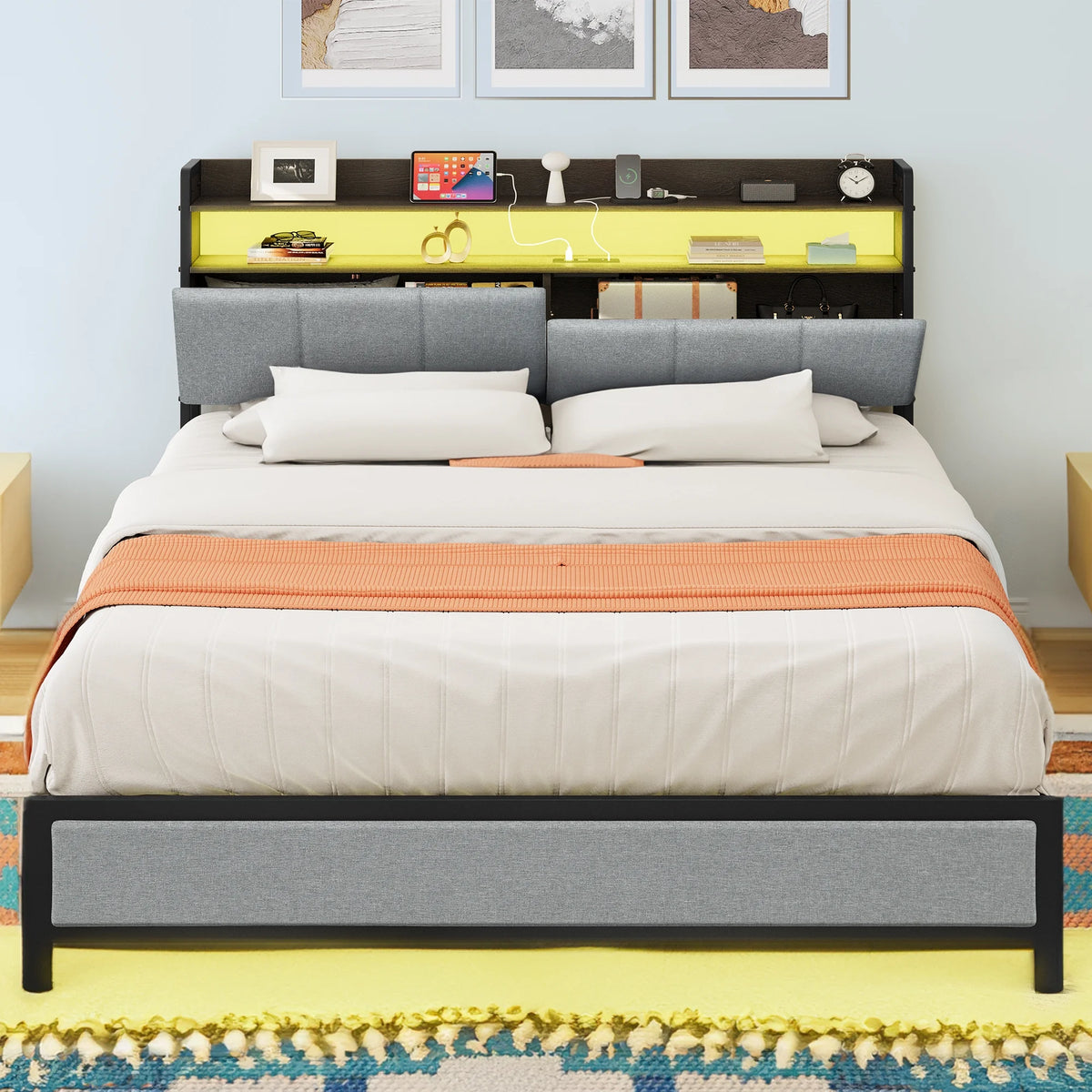 Gray LED Light Bed Frame with Storage and Upholstered Headboard Y6299