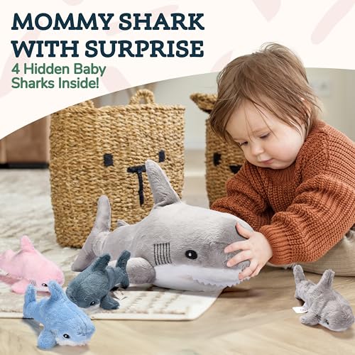 Large Multicolor Shark Stuffed Animal Plushie with 6 Mini Stuffed Toys K4399