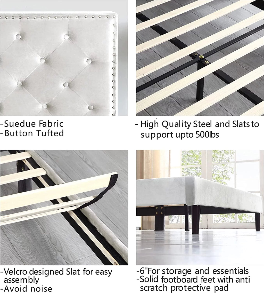 Beige Twin Upholstered Platform Bed Frame with Adjustable Headboard L174