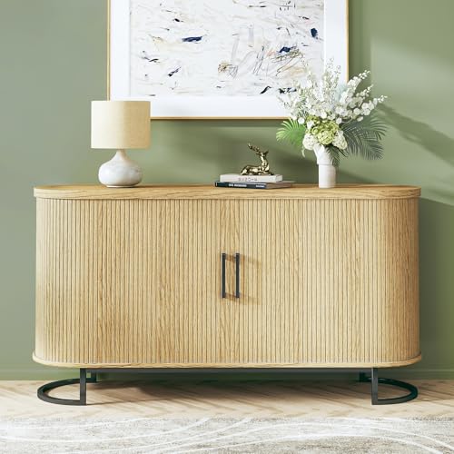 Walnut Fluted Tambour Sideboard Buffet Cabinet with Adjustable Shelves M4405
