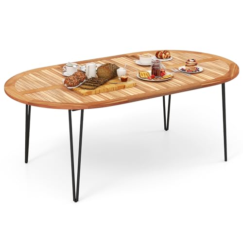 79-Inch Acacia Wood Oval Dining Table with Umbrella Hole W297450