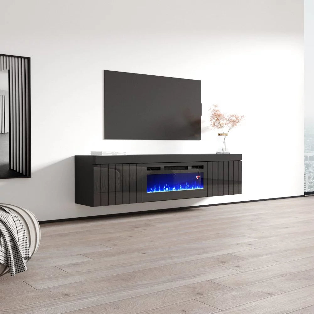 Floating Fireplace TV Stand for TVs up to 80" High Gloss V98270