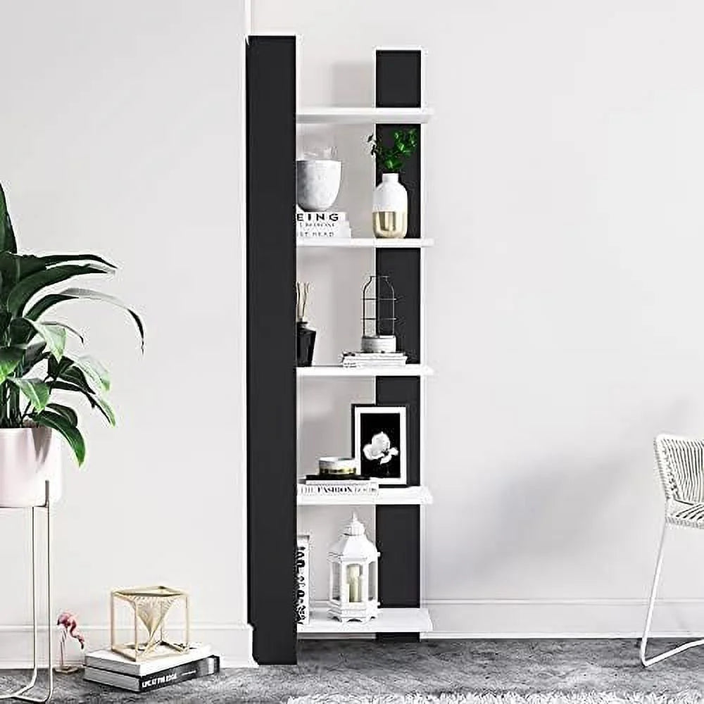 White 5-Corner Unit Display Shelves and Wooden Bookcase T65258