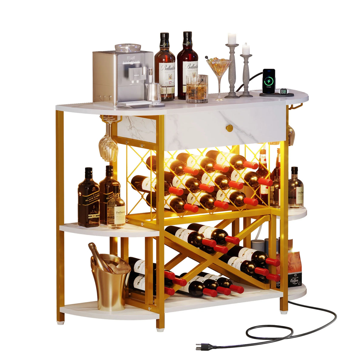 3-Tier Wine Cabinet with LED Lights and Power Outlets X37181
